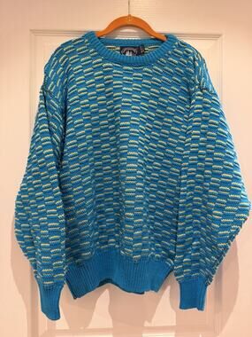Vintage Boathouse Row Sweater Mens L Teal Yellow 100% Cotton USA 80s 90s Knit